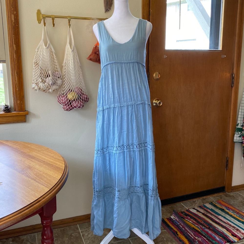 LOLA‎ Made in Italy Silk Tiered Crochet Lace Blue Maxi Dress Small Boho Romantic